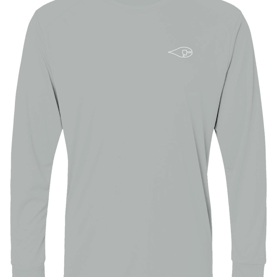 Light Grey Crude Offshore Rig Fishing Shirt with abstract oil rig design, UPF 50 protection, microfiber mesh, moisture wicking, lightweight