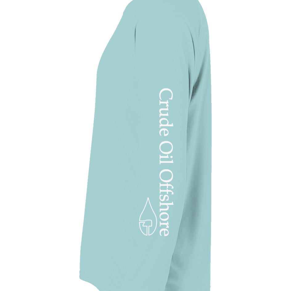 Light Blue Crude Offshore Rig Fishing Shirt with abstract oil rig design, UPF 50 protection, microfiber mesh, moisture wicking, lightweight