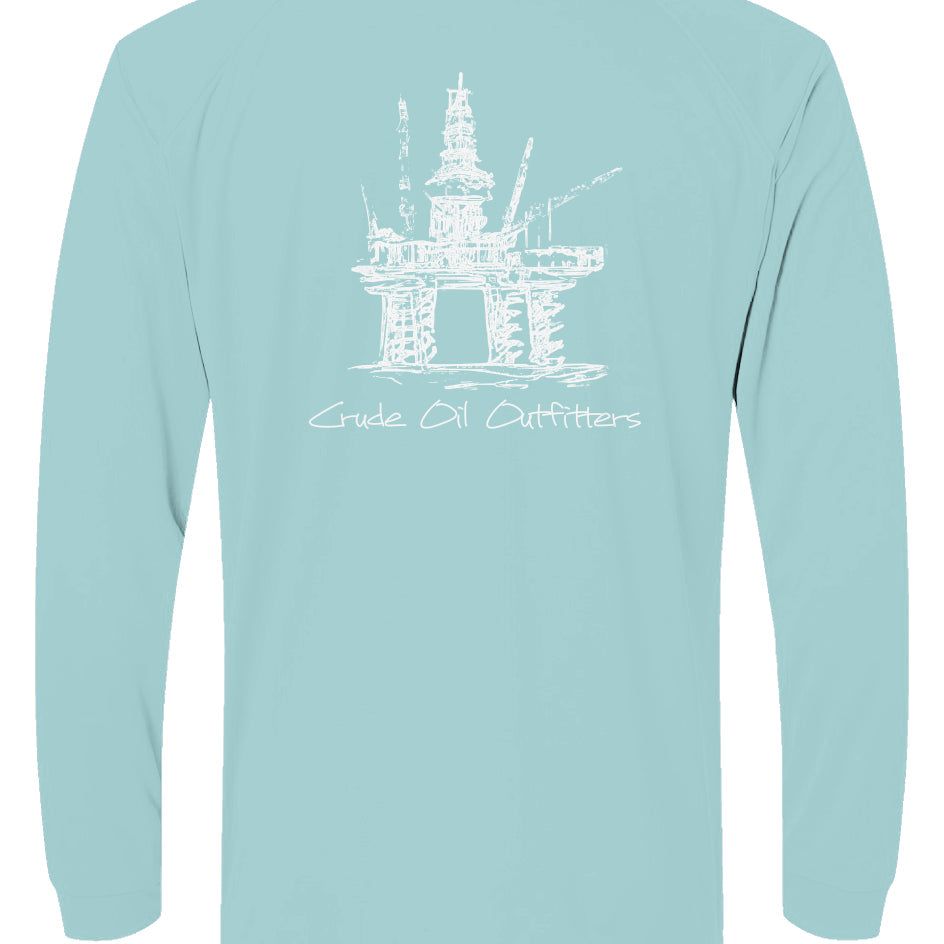 Light Blue Crude Offshore Rig Fishing Shirt with abstract oil rig design, UPF 50 protection, microfiber mesh, moisture wicking, lightweight
