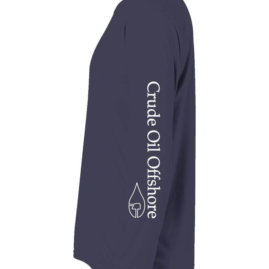 Navy Blue Crude Offshore Rig Fishing Shirt with abstract oil rig design, UPF 50 protection, microfiber mesh, moisture wicking, lightweight