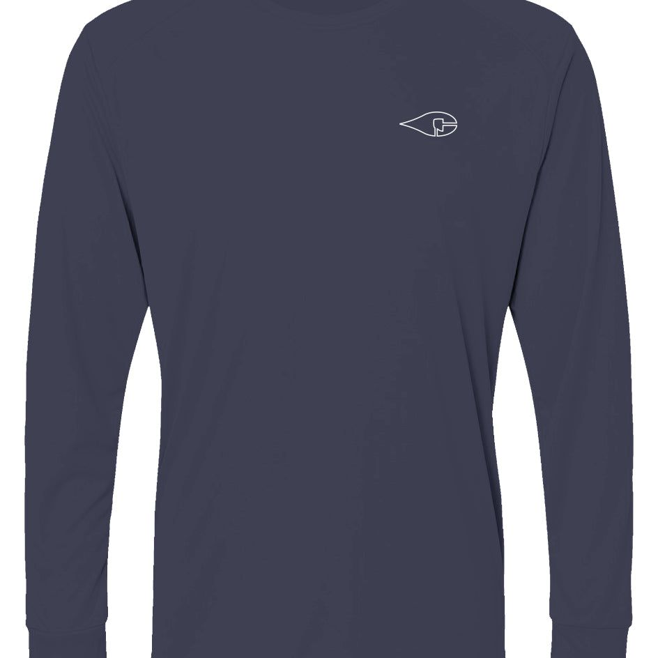 Navy blue Crude Offshore Fishing Shirt with "Crude Oil Offshore" text and logo on sleeve, UPF 50 protection.