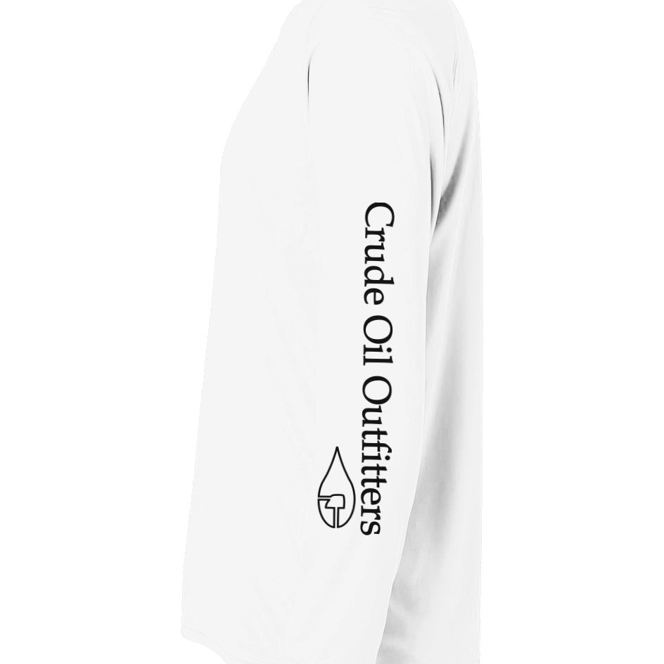 Crude Oil Outfitters Fishing Shirt with logo and "Crude Oil Outfitters" on sleeve, sun protection, moisture management.