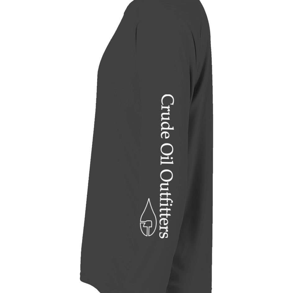 Crude Oil Outfitters Fishing Shirt with logo and "Crude Oil Outfitters" on sleeve, sun protection, moisture management.