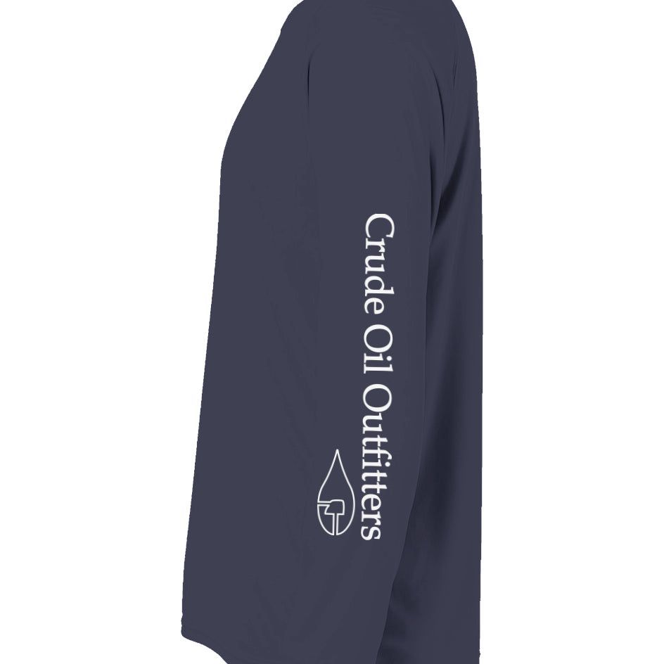 Crude Oil Outfitters Fishing Shirt with logo and "Crude Oil Outfitters" on sleeve, sun protection, moisture management.