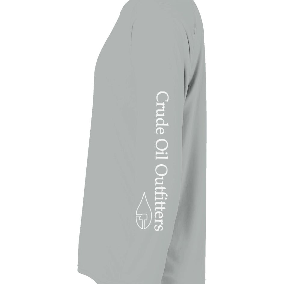 Crude Oil Outfitters Fishing Shirt with logo and "Crude Oil Outfitters" on sleeve, sun protection, moisture management.