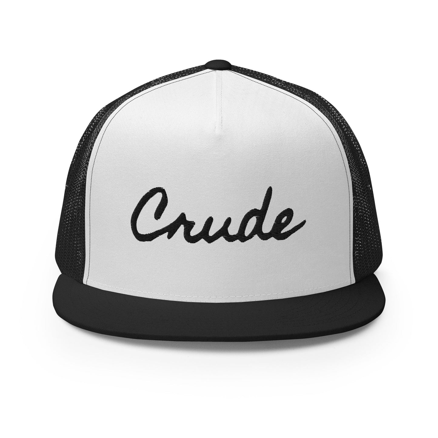 Crude Script Trucker Hat with bold lettering and mesh back panel.