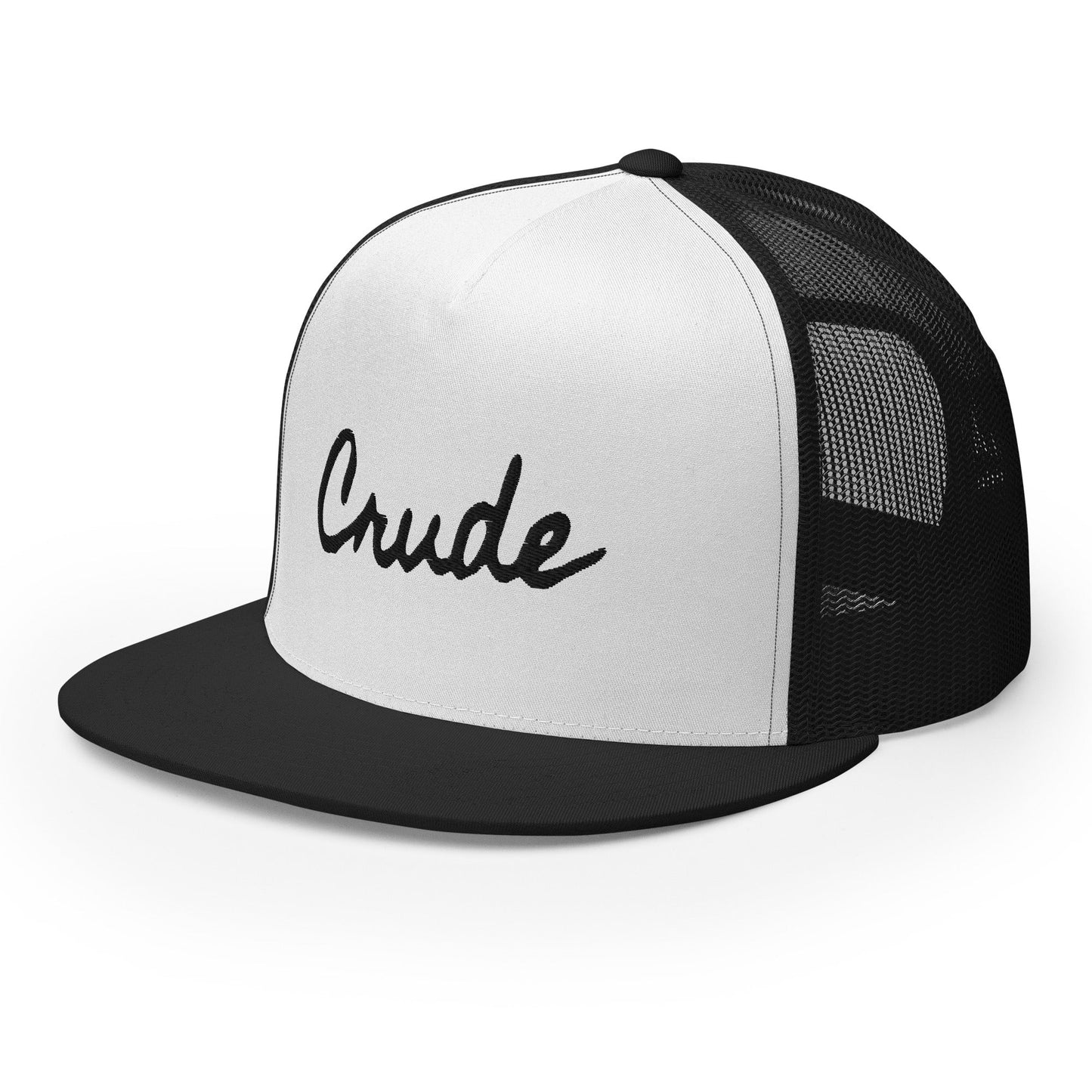 Crude Script Trucker Hat with bold lettering and mesh back panel.