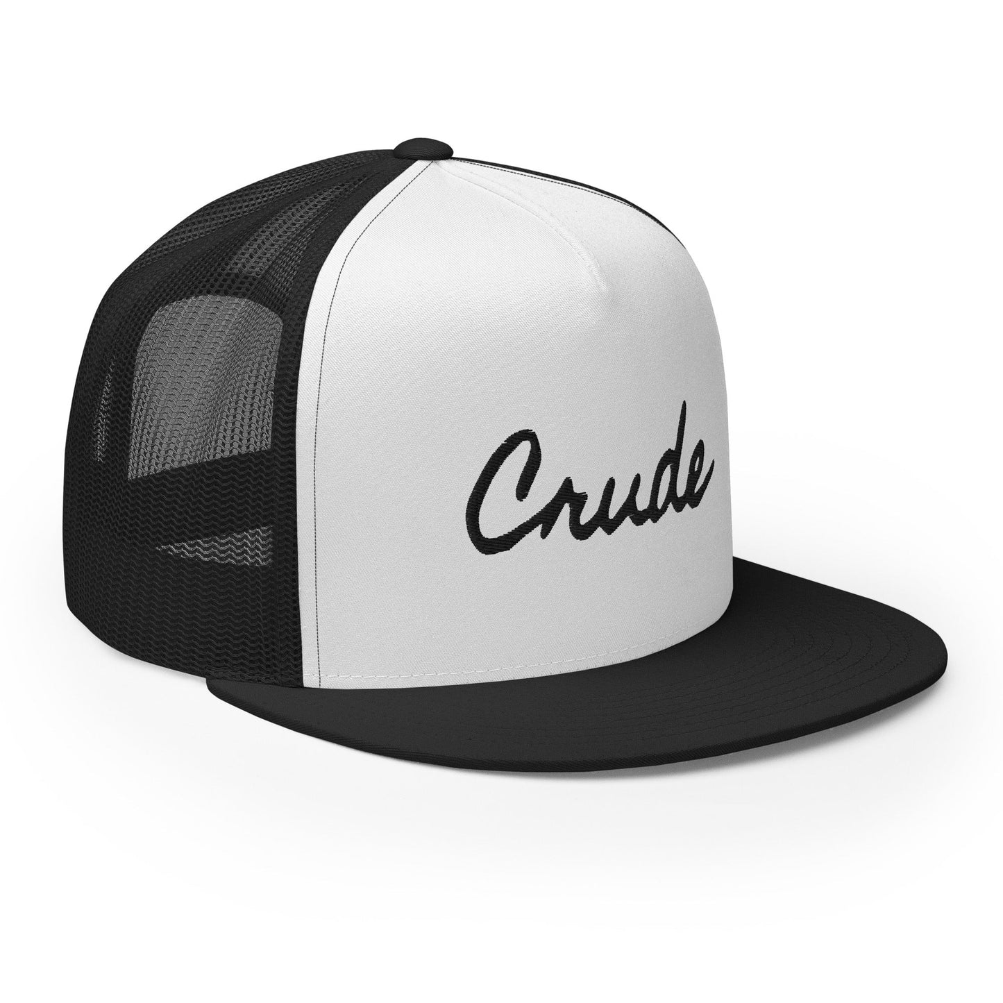 Crude Script Trucker Hat with bold lettering and mesh back panel.
