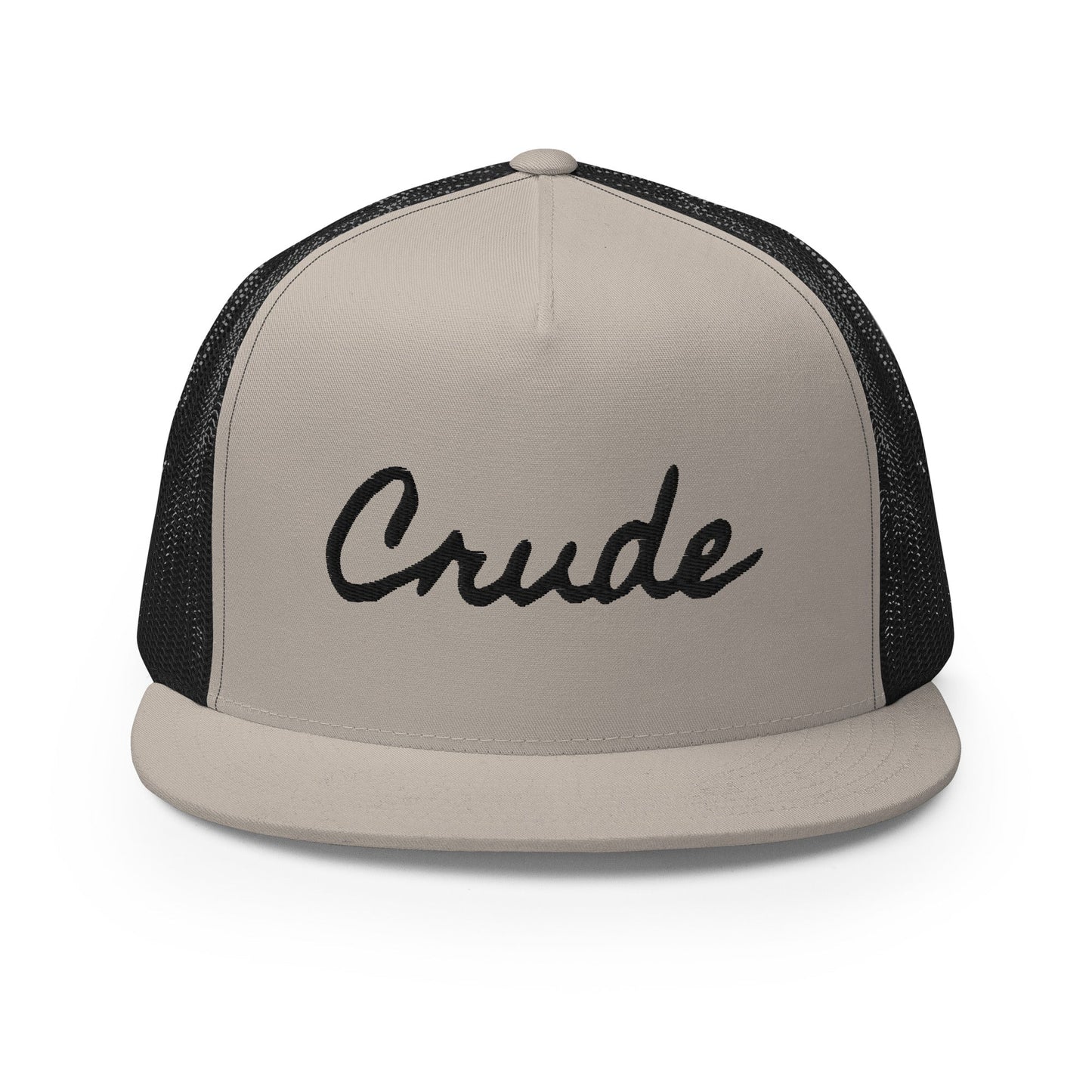 Crude Script Trucker Hat with bold lettering and mesh back panel.