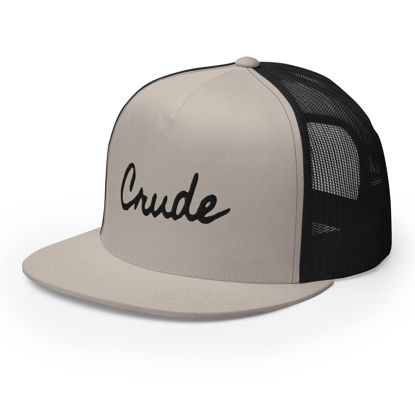 Crude Script Trucker Hat with bold lettering and mesh back panel.