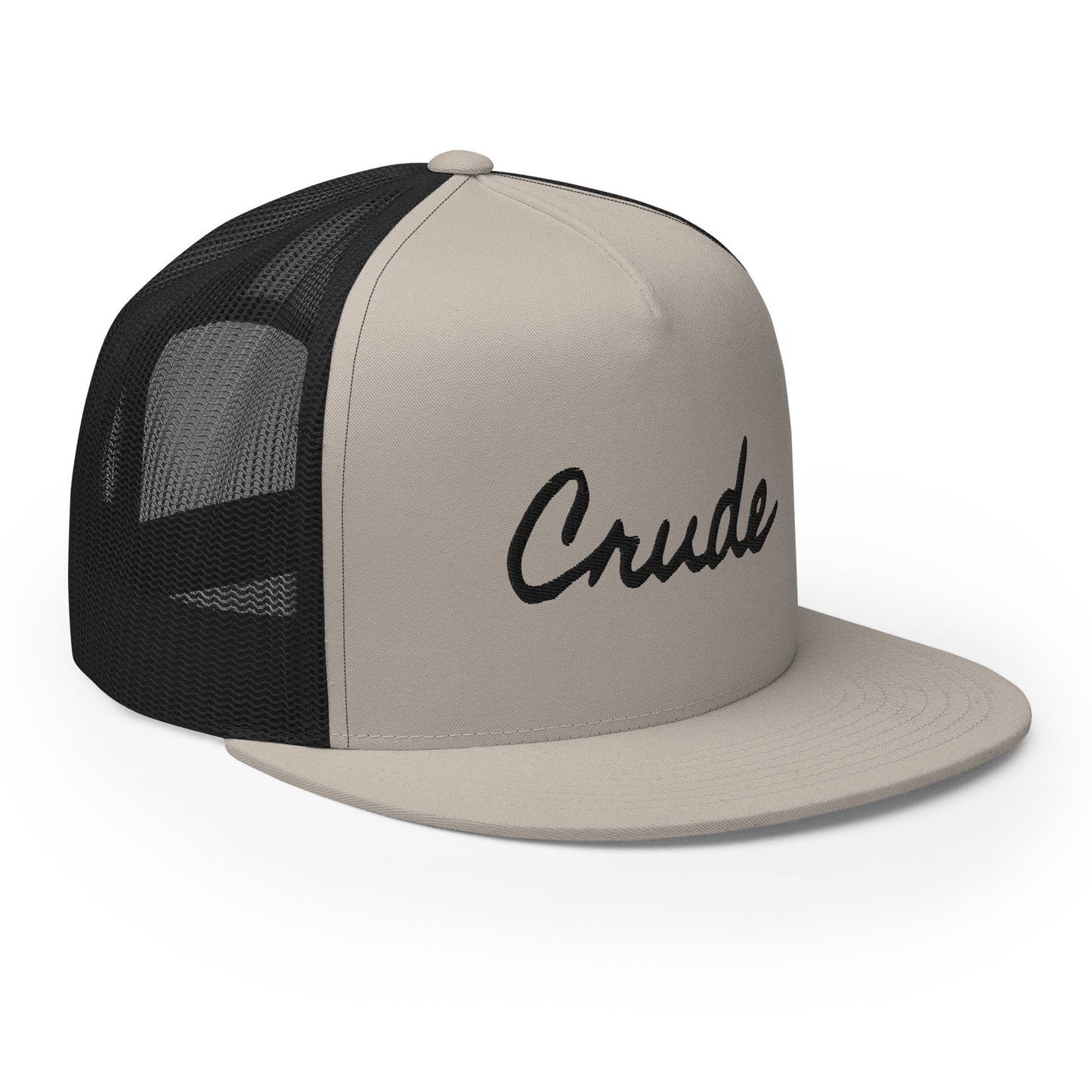Crude Script Trucker Hat with bold lettering and mesh back panel.