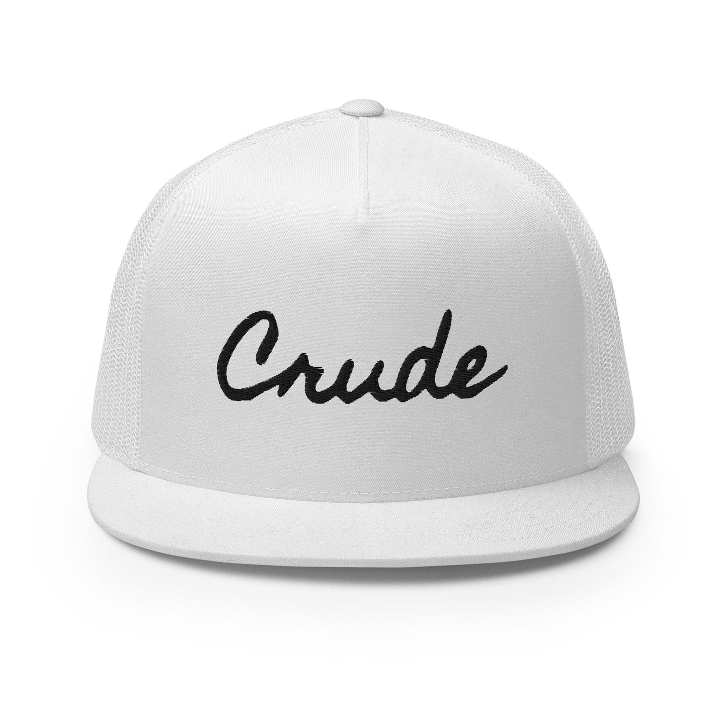 Crude Script Trucker Hat with bold lettering and mesh back panel.