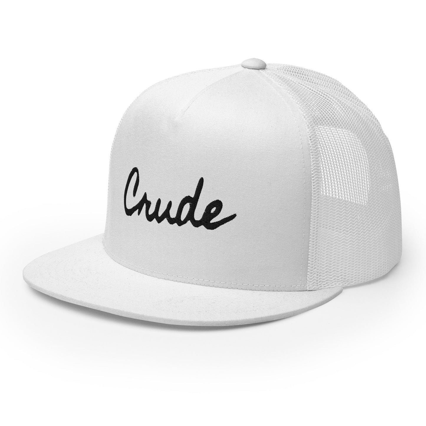 Crude Script Trucker Hat with bold lettering and mesh back panel.