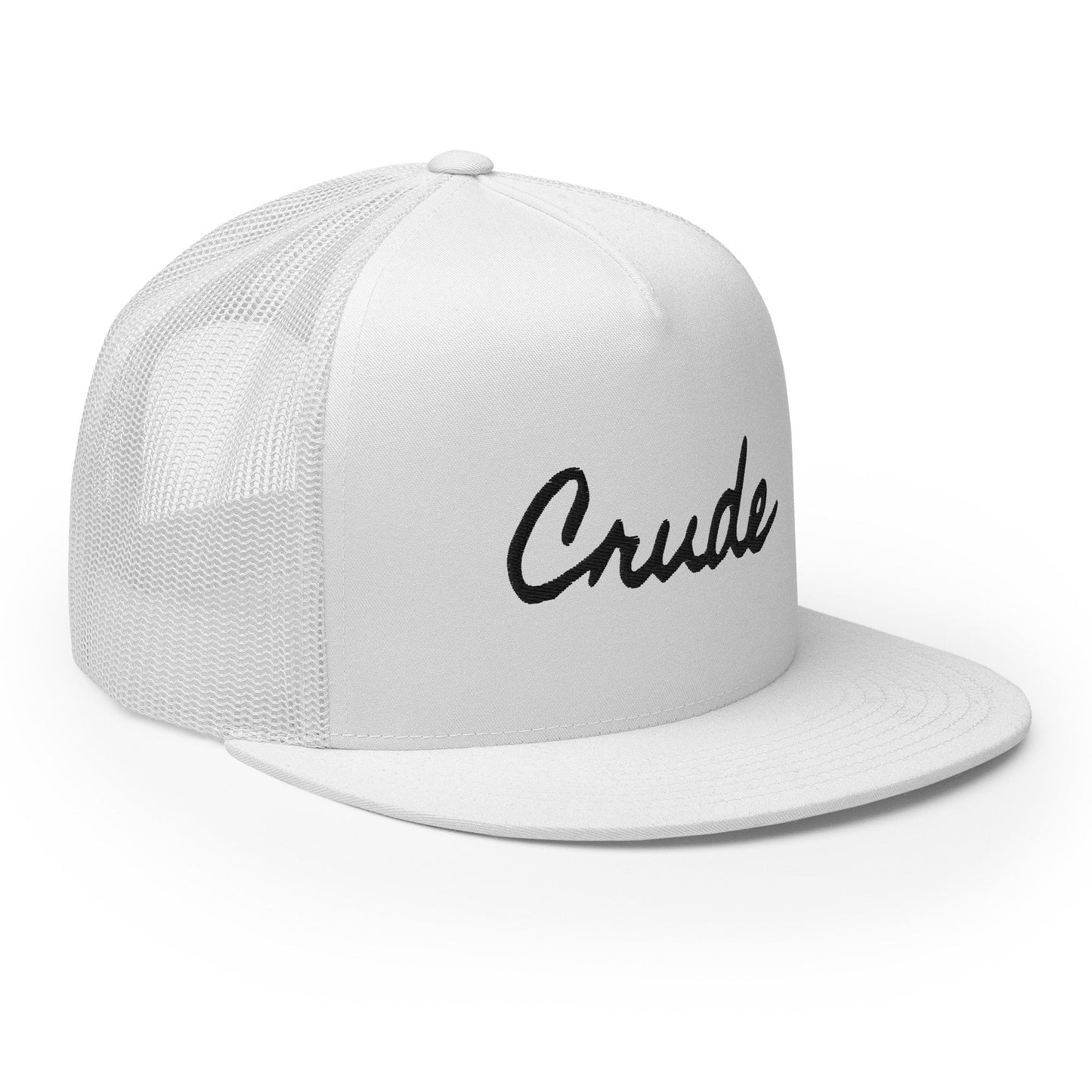 Crude Script Trucker Hat with bold lettering and mesh back panel.