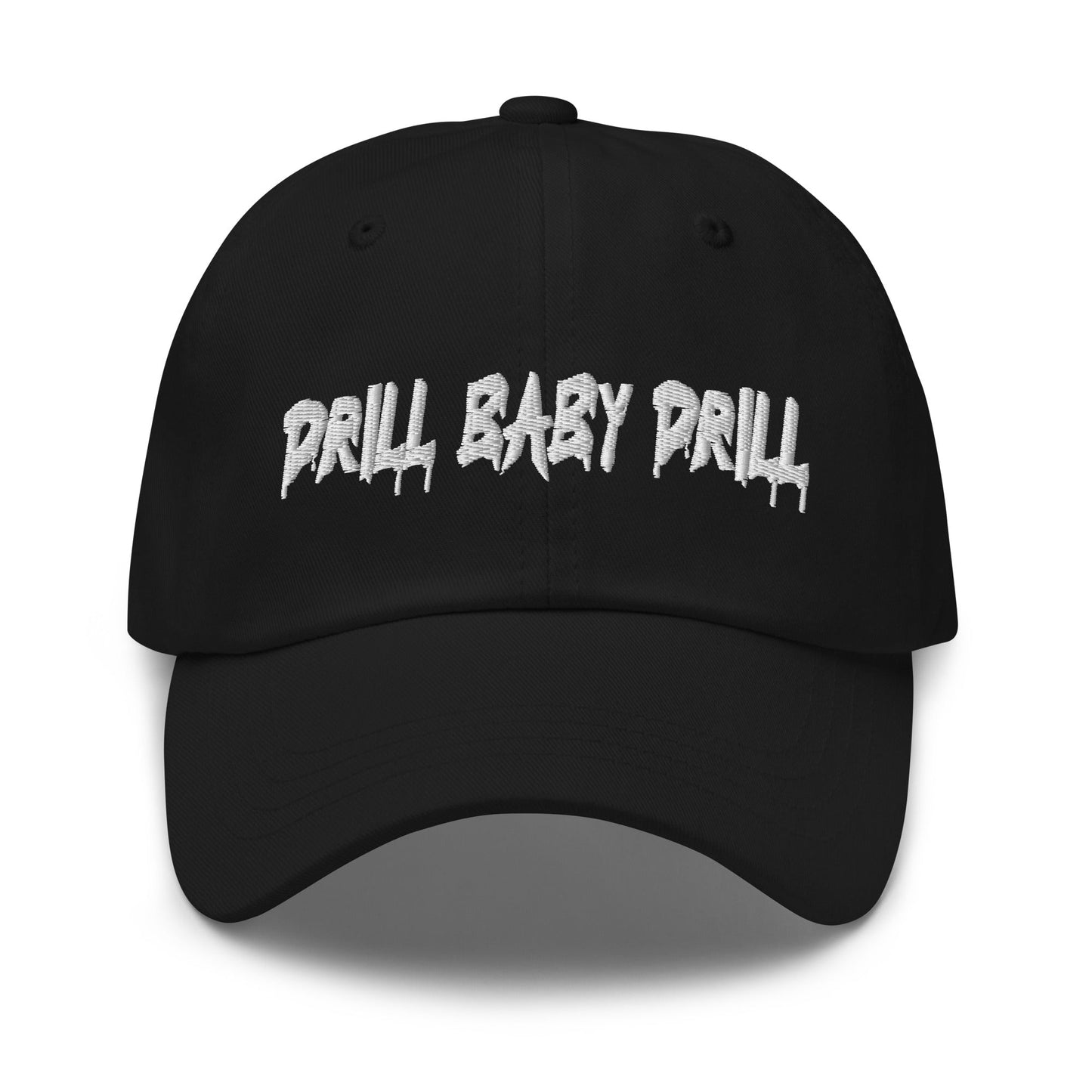 Black Drill Baby Drill dad hat with adjustable strap and curved visor.