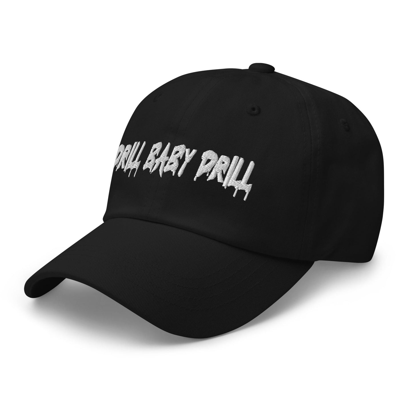 Black "Drill Baby Drill" dad hat with adjustable strap and curved visor.