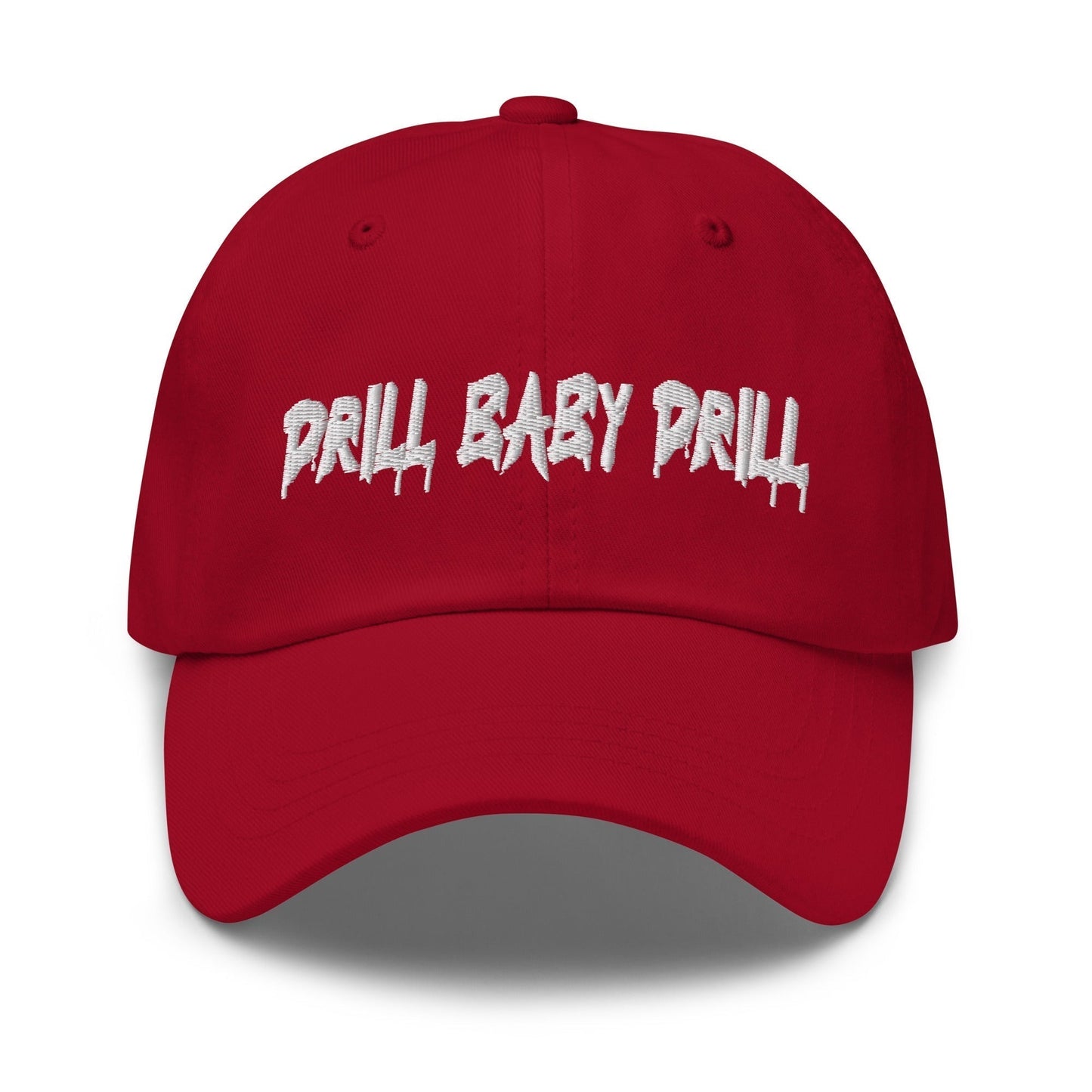 Red "Drill Baby Drill" dad hat with adjustable strap and curved visor.