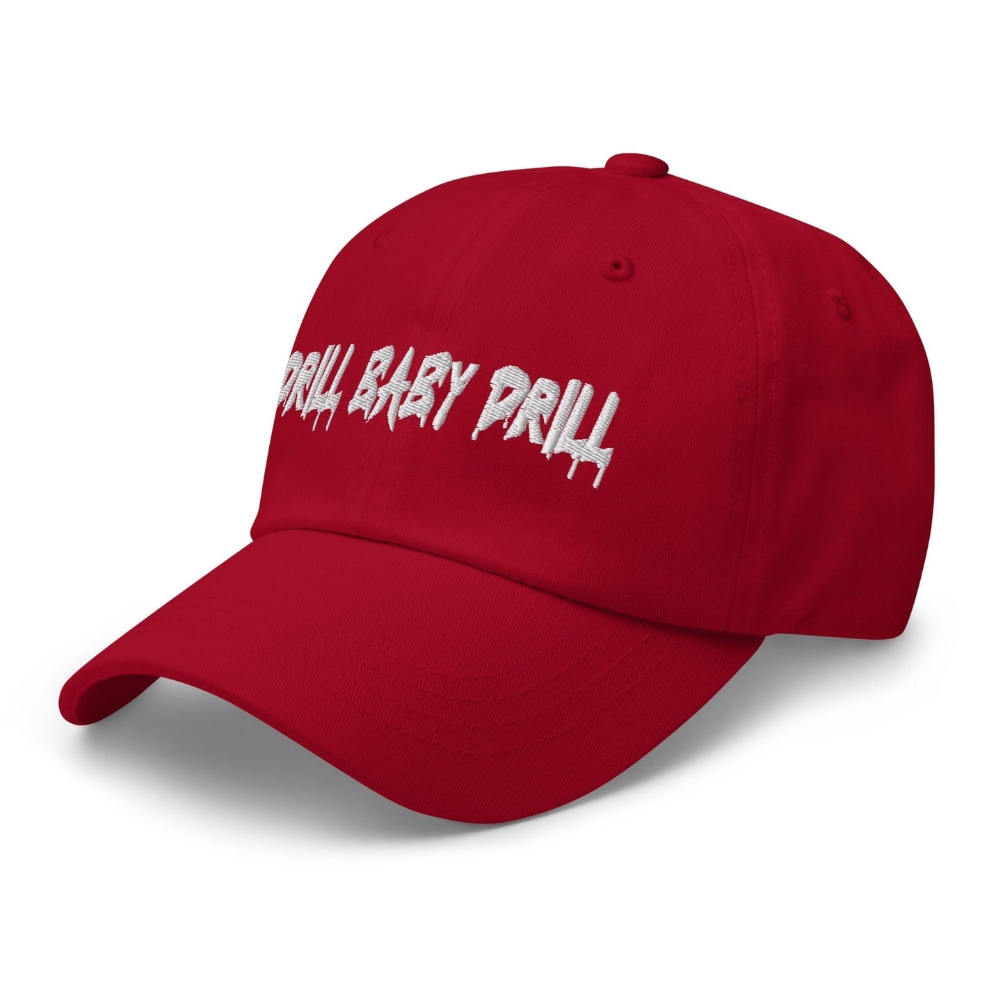 Red Drill Baby Drill dad hat with adjustable strap and curved visor.