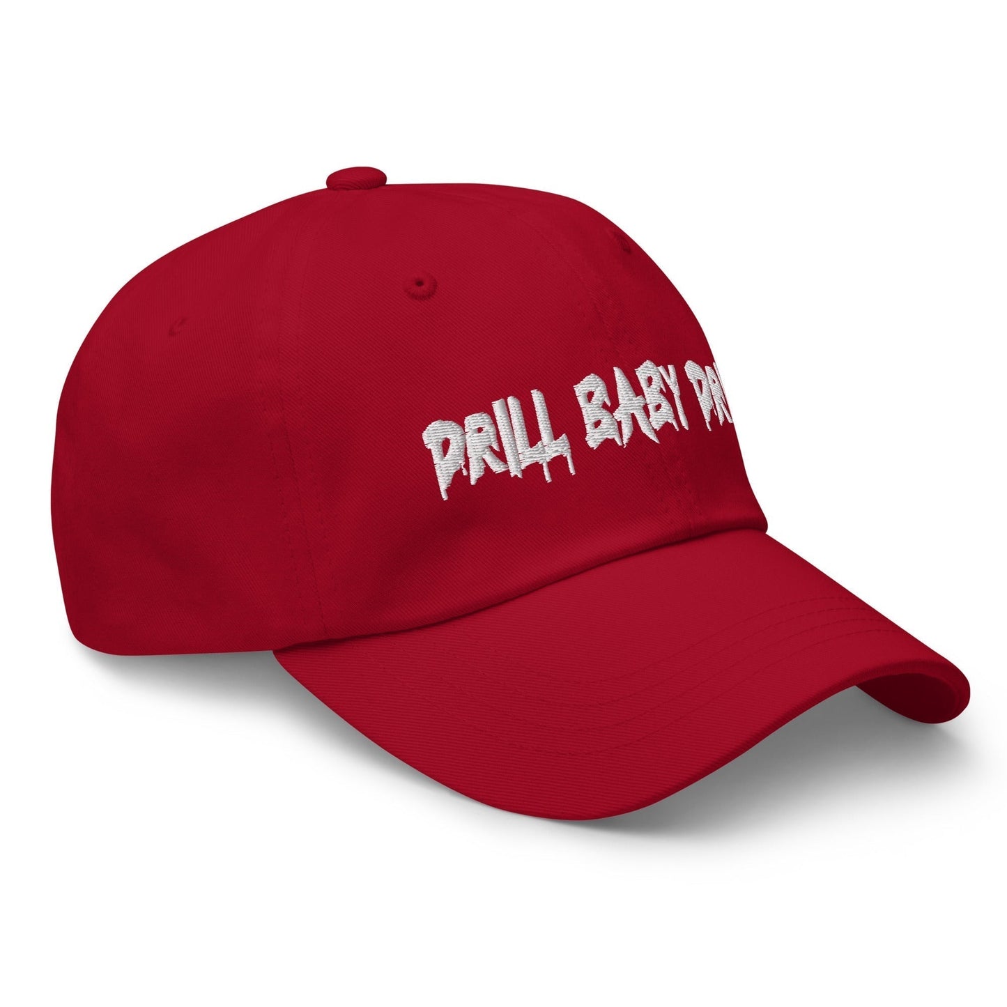 Red "Drill Baby Drill" dad hat with adjustable strap and curved visor.