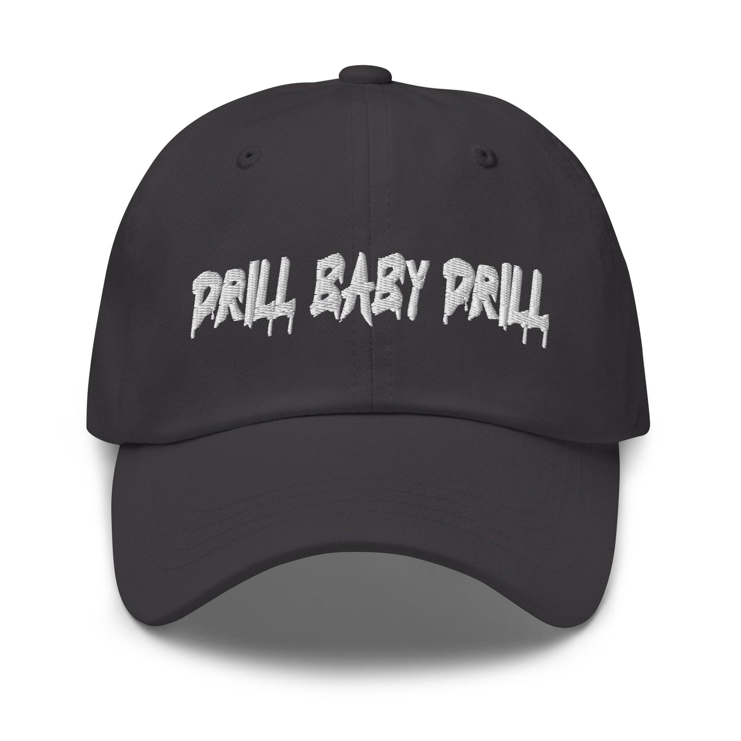 Charcoal Grey "Drill Baby Drill" dad hat with adjustable strap and curved visor.