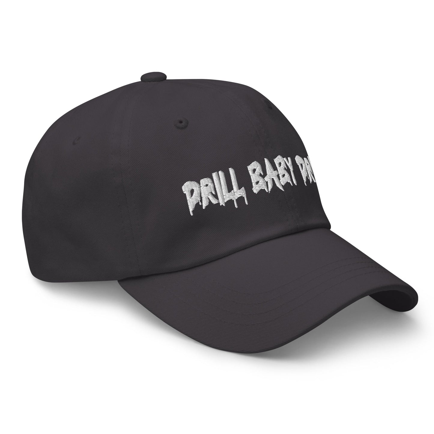 Charcoal Grey "Drill Baby Drill" dad hat with adjustable strap and curved visor.