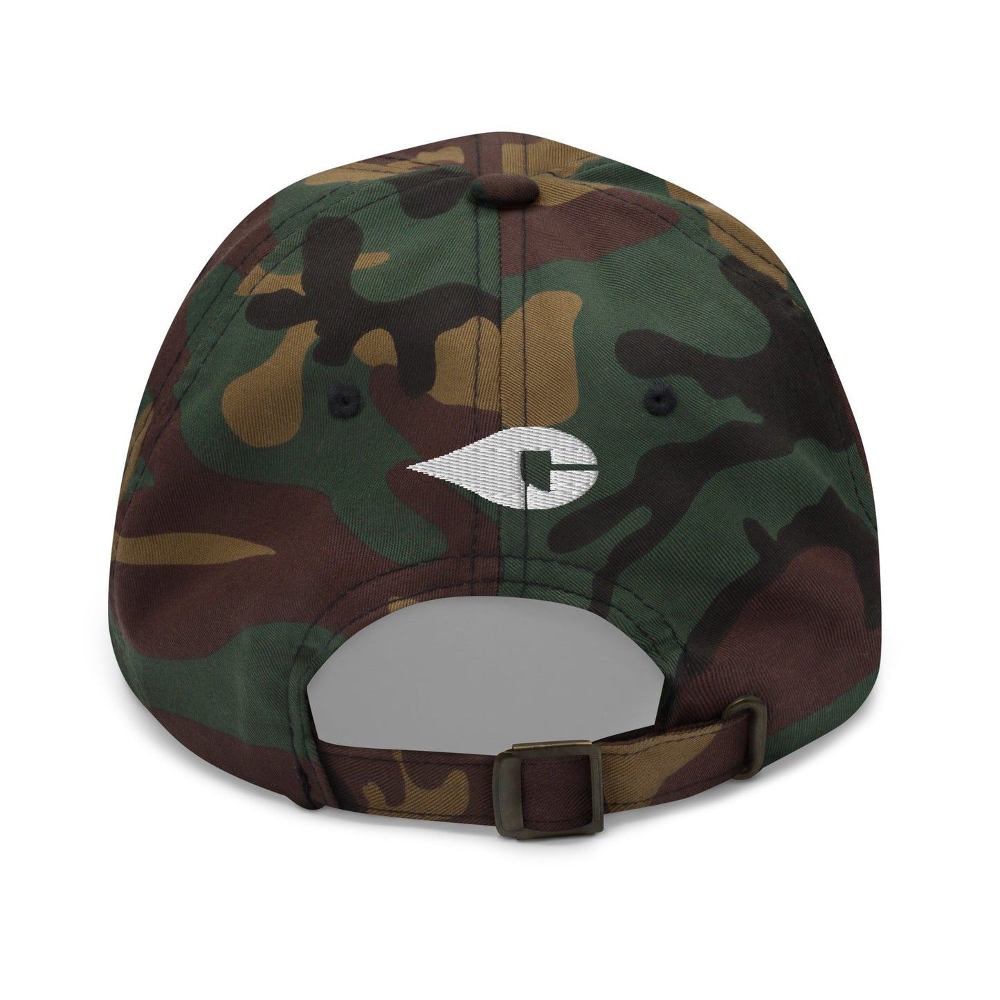 Camo "Drill Baby Drill" dad hat with adjustable strap and curved visor.