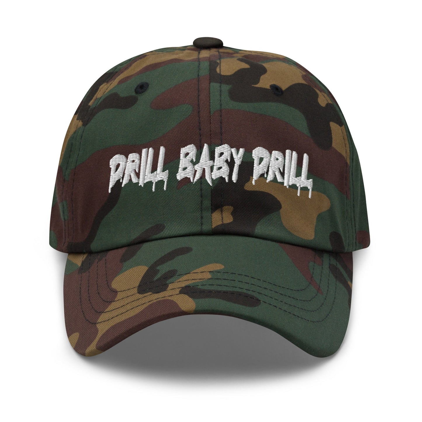 Camo "Drill Baby Drill" dad hat with adjustable strap and curved visor.