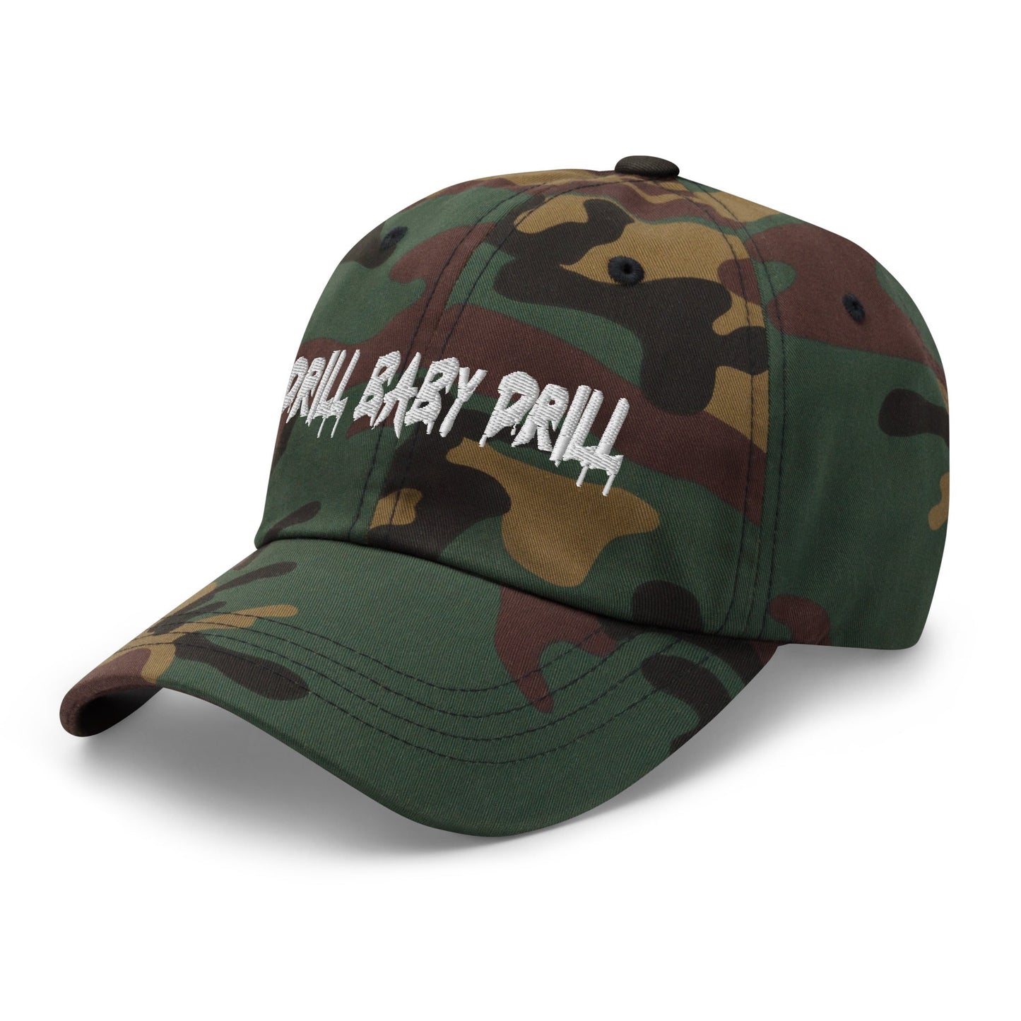 Camo "Drill Baby Drill" dad hat with adjustable strap and curved visor.