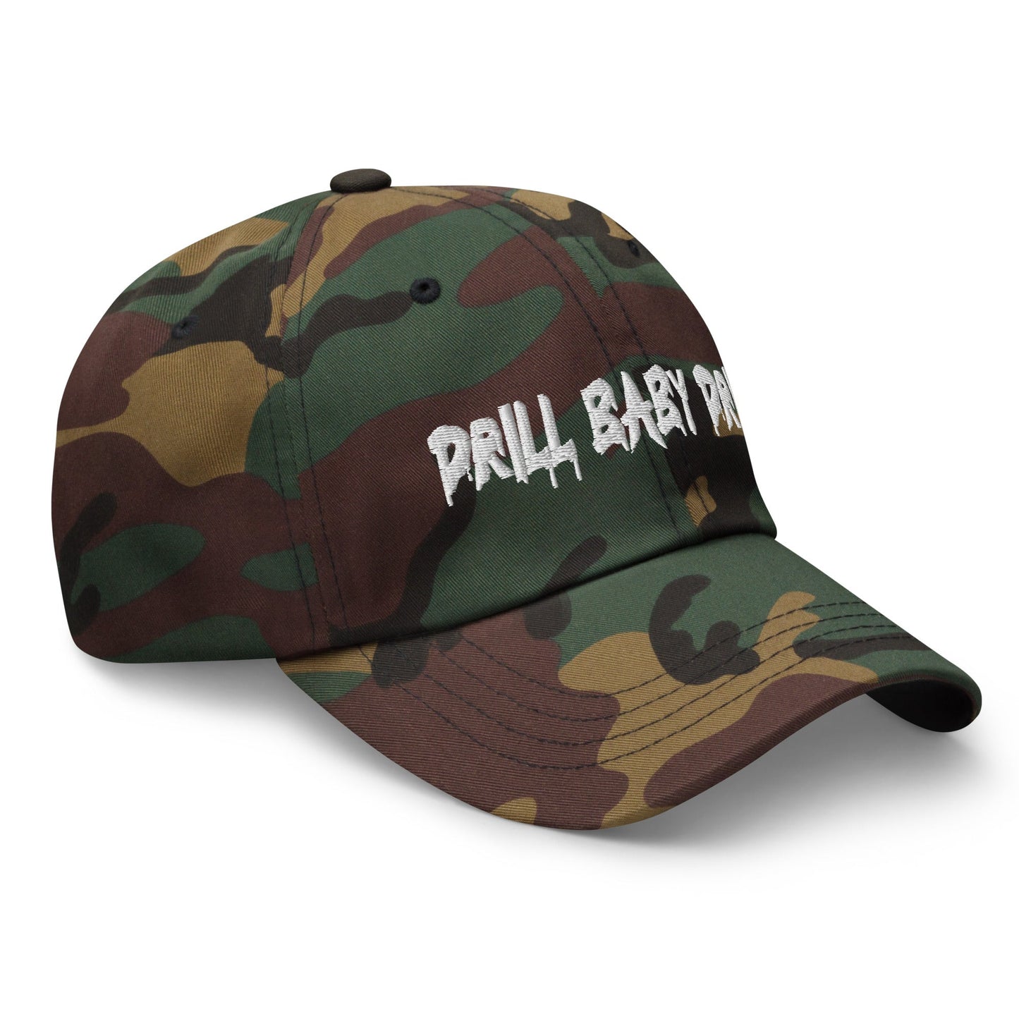Camo "Drill Baby Drill" dad hat with adjustable strap and curved visor.