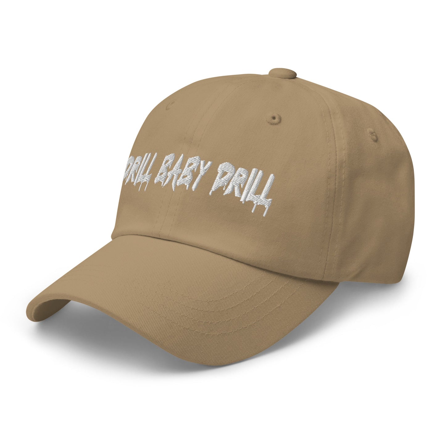 Tan "Drill Baby Drill" dad hat with adjustable strap and curved visor.