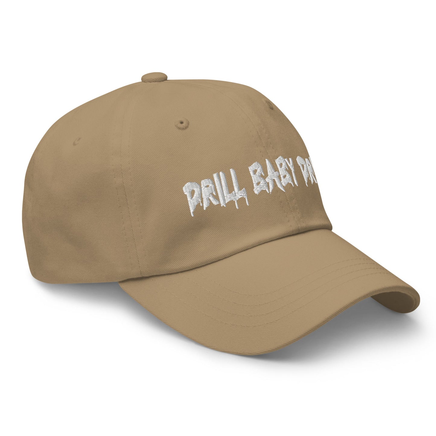 Tan "Drill Baby Drill" dad hat with adjustable strap and curved visor.