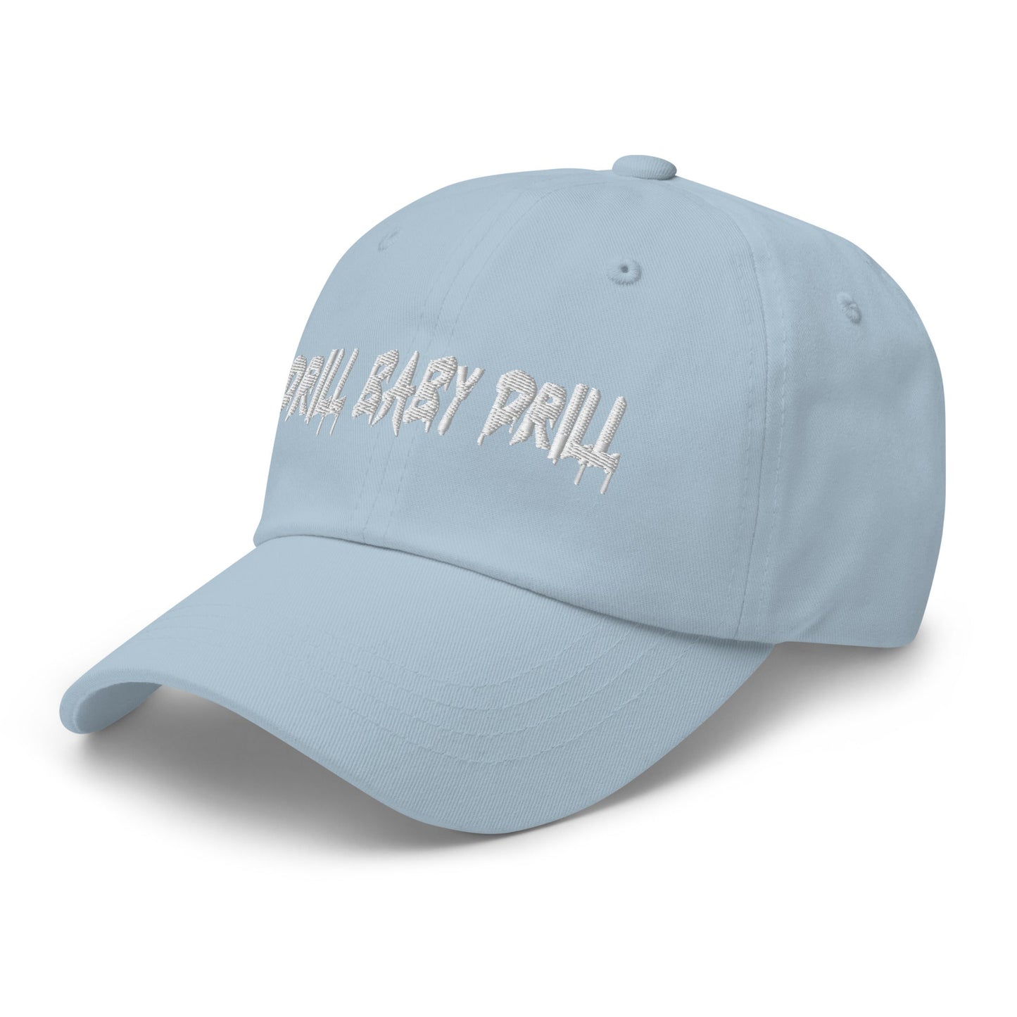 Baby Blue "Drill Baby Drill" dad hat with adjustable strap and curved visor.