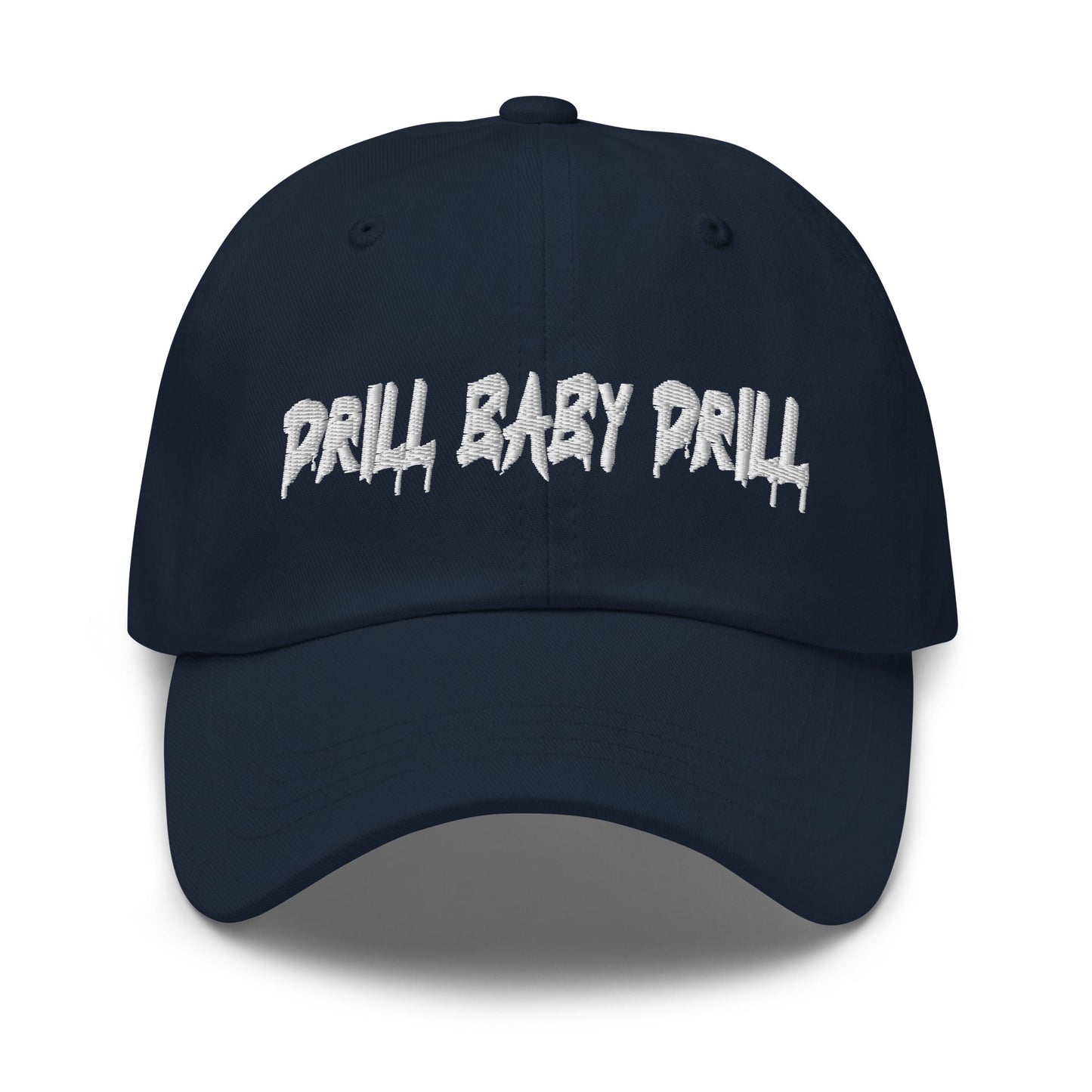 Navy Blue "Drill Baby Drill" dad hat with adjustable strap and curved visor.