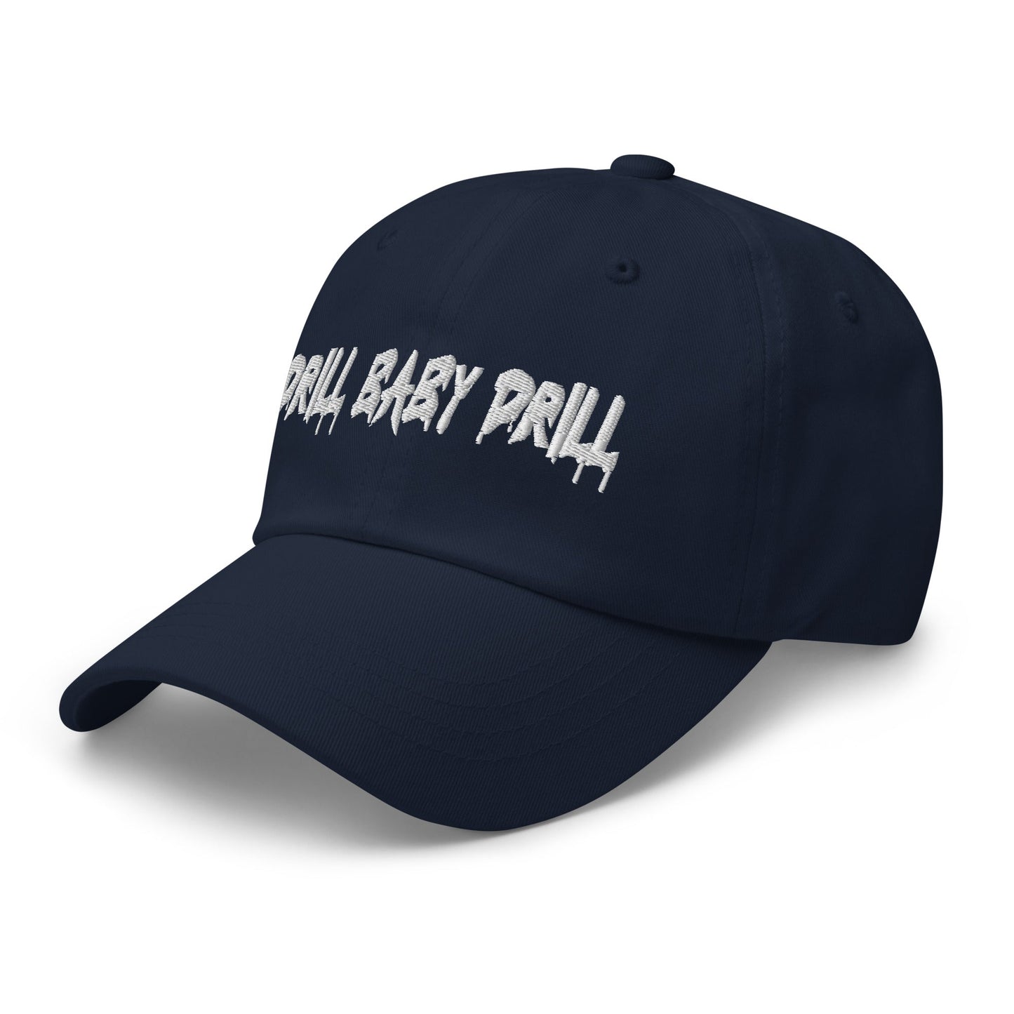Navy Blue "Drill Baby Drill" dad hat with adjustable strap and curved visor.