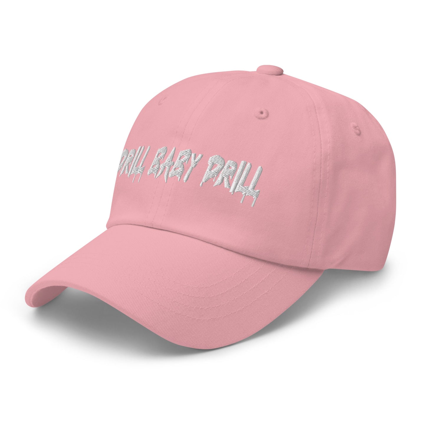 Light Pink "Drill Baby Drill" dad hat with adjustable strap and curved visor.
