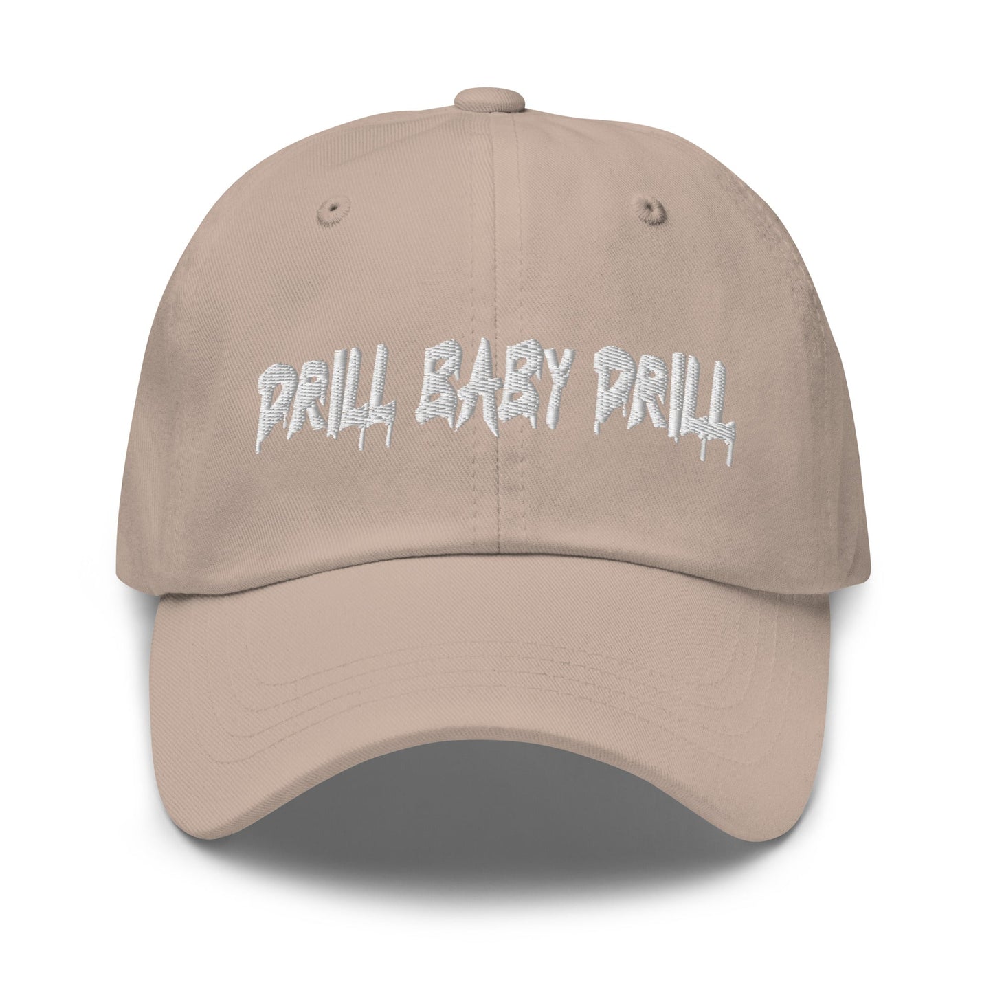 Sand "Drill Baby Drill" dad hat with adjustable strap and curved visor.