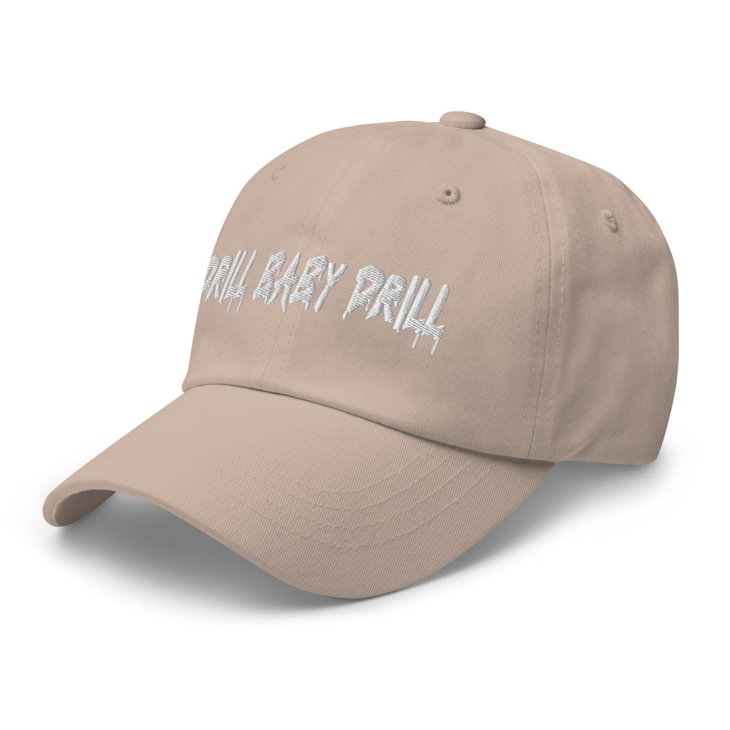 Sand "Drill Baby Drill" dad hat with adjustable strap and curved visor.