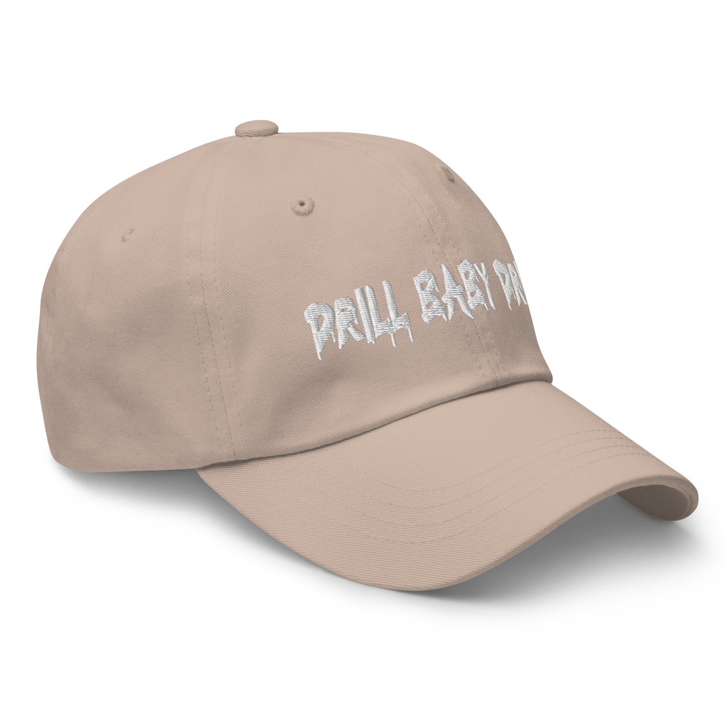 Sand "Drill Baby Drill" dad hat with adjustable strap and curved visor.