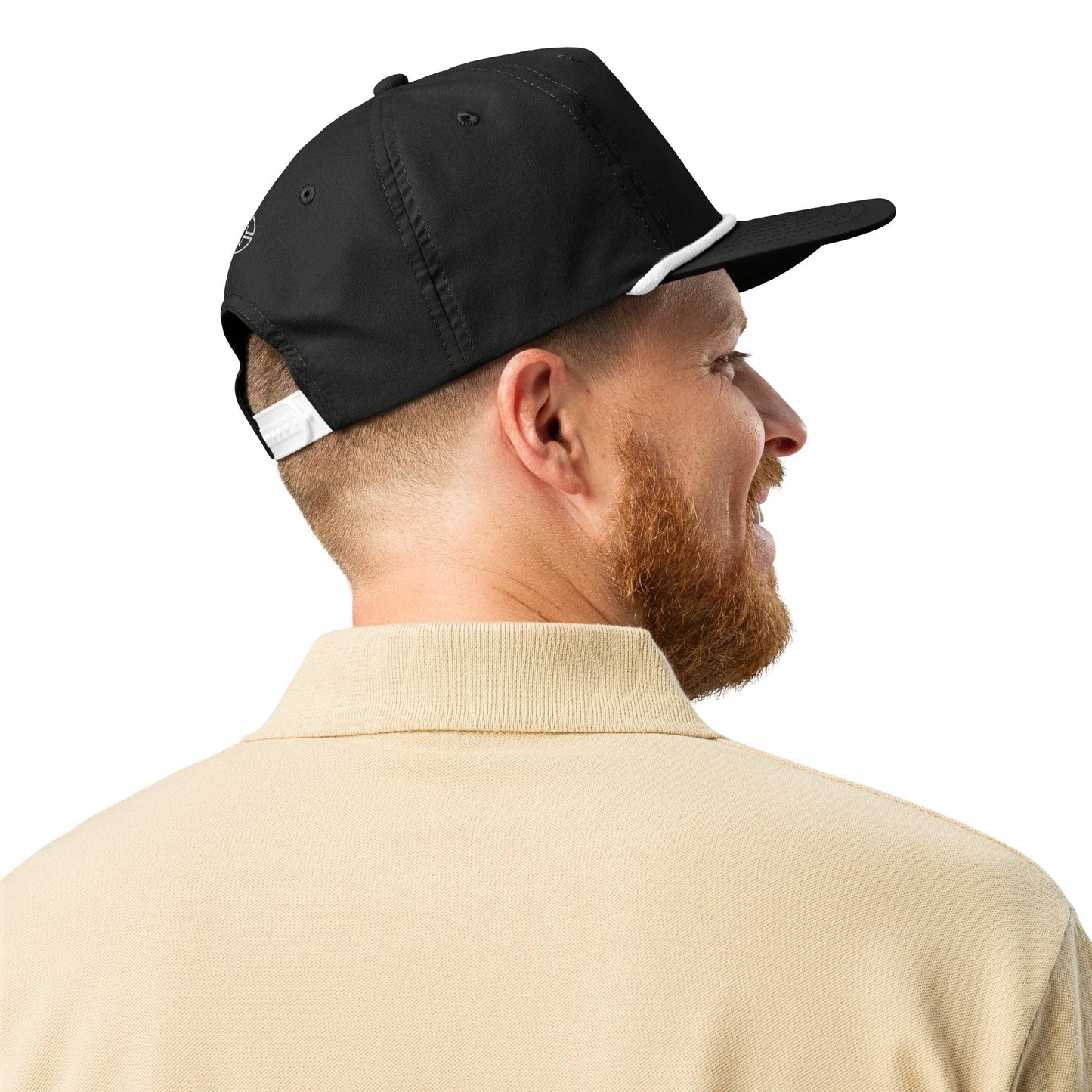 Black & White 5-panel Course Correction Rope Golf Hat with semi-curved bill and snapback closure; crude oil golf hat worn by smiling man