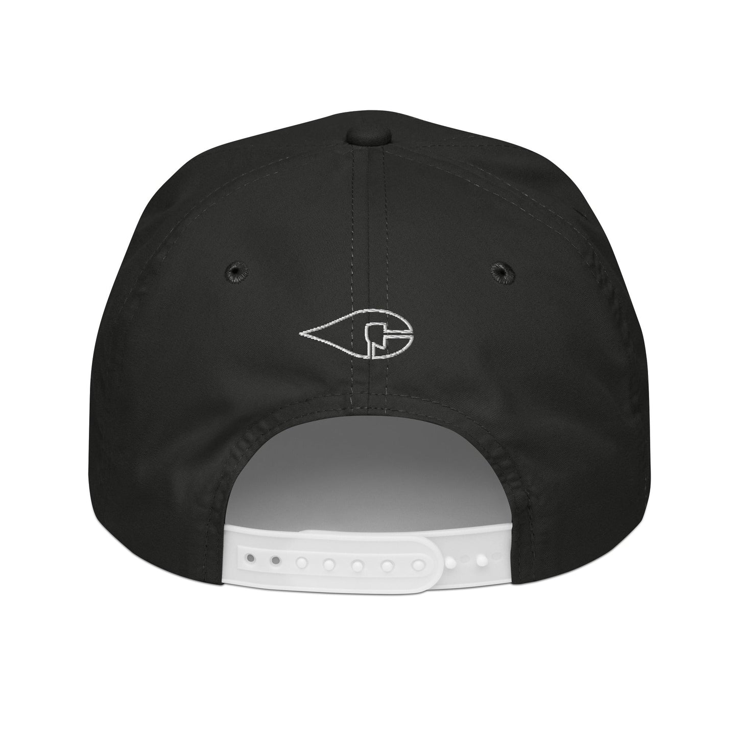 Black & White 5-panel Course Correction Rope Golf Hat with semi-curved bill and snapback closure; crude oil golf hat