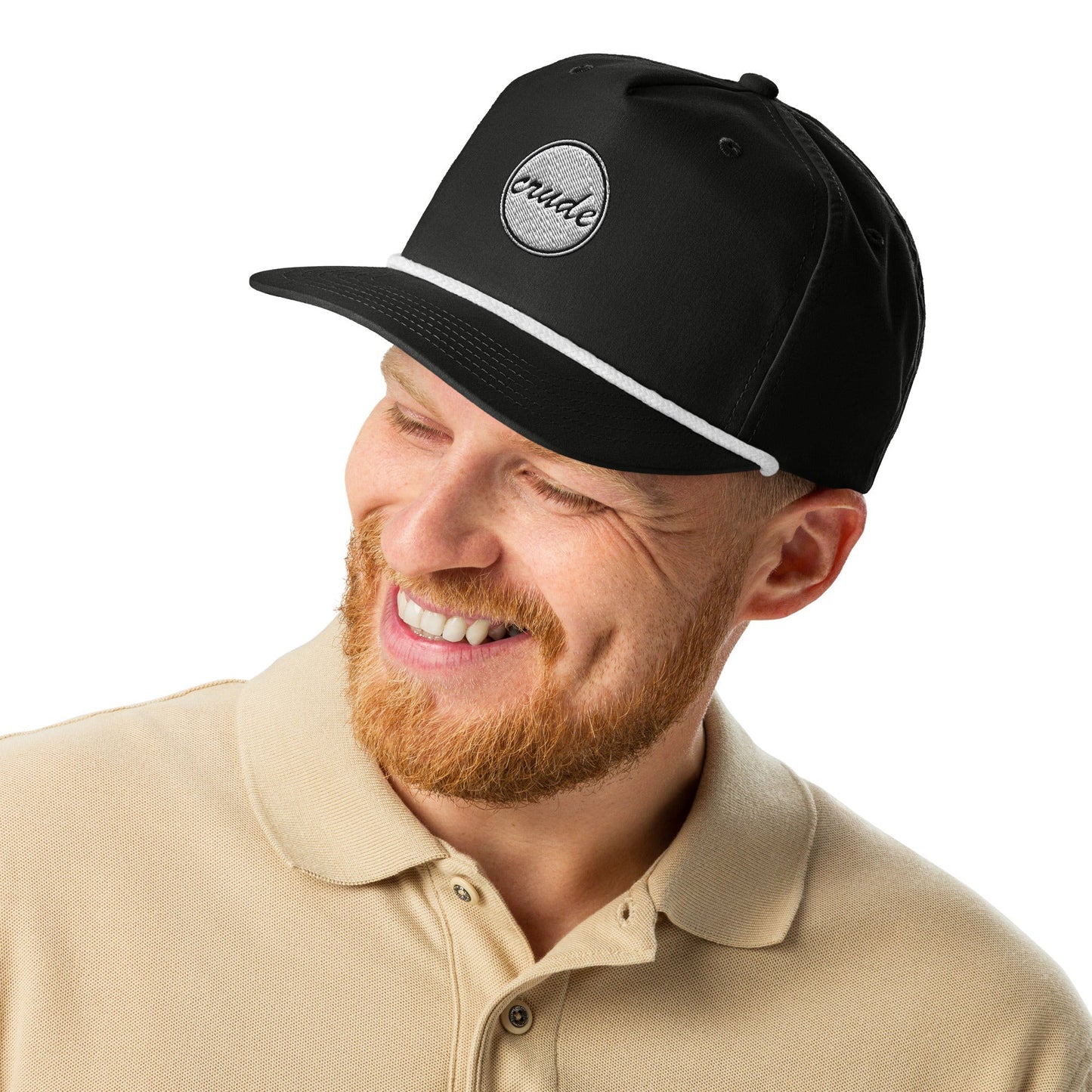 Black & White 5-panel Course Correction Rope Golf Hat with semi-curved bill and snapback closure; crude oil golf hat worn by smiling man