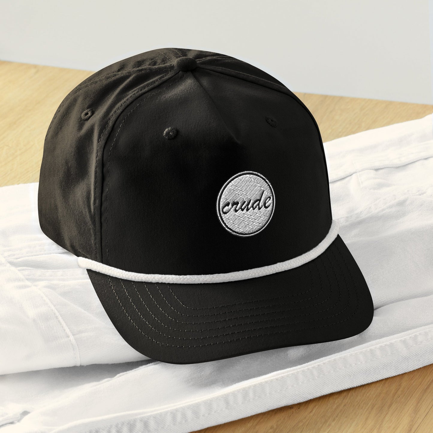 Black & White 5-panel Course Correction Rope Golf Hat with semi-curved bill and snapback closure; crude oil golf hat for men