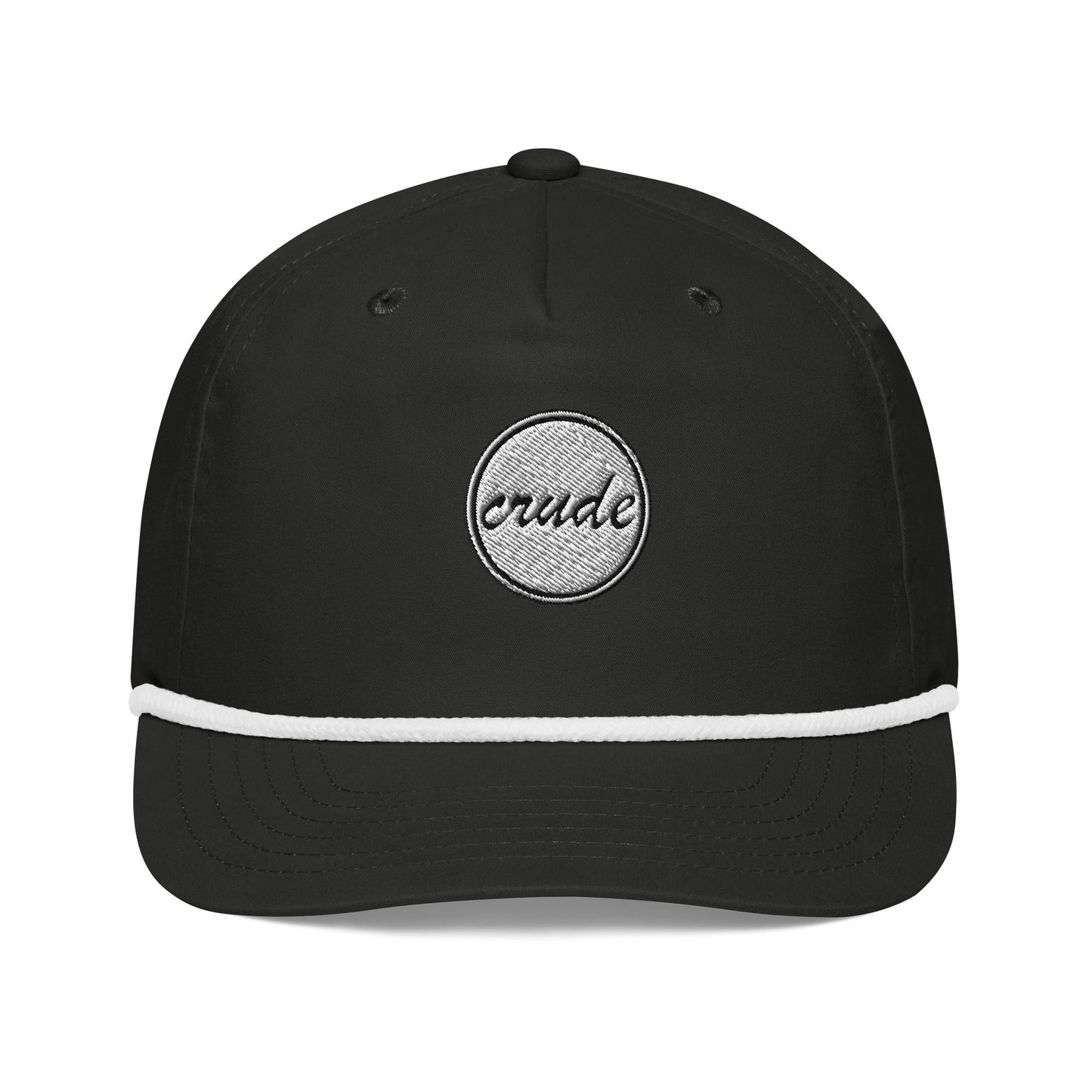 Black & White 5-panel Course Correction Rope Golf Hat with semi-curved bill and snapback closure; crude oil golf hat