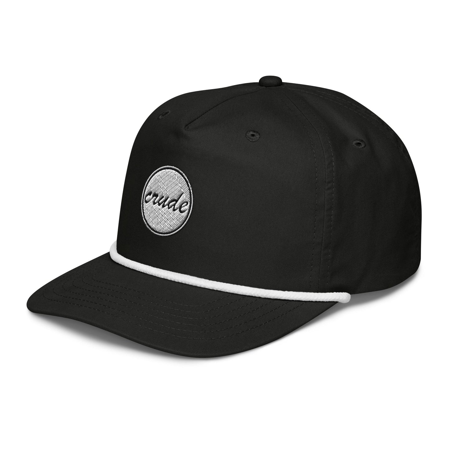 Black & White 5-panel Course Correction Rope Golf Hat with semi-curved bill and snapback closure; crude oil golf hat