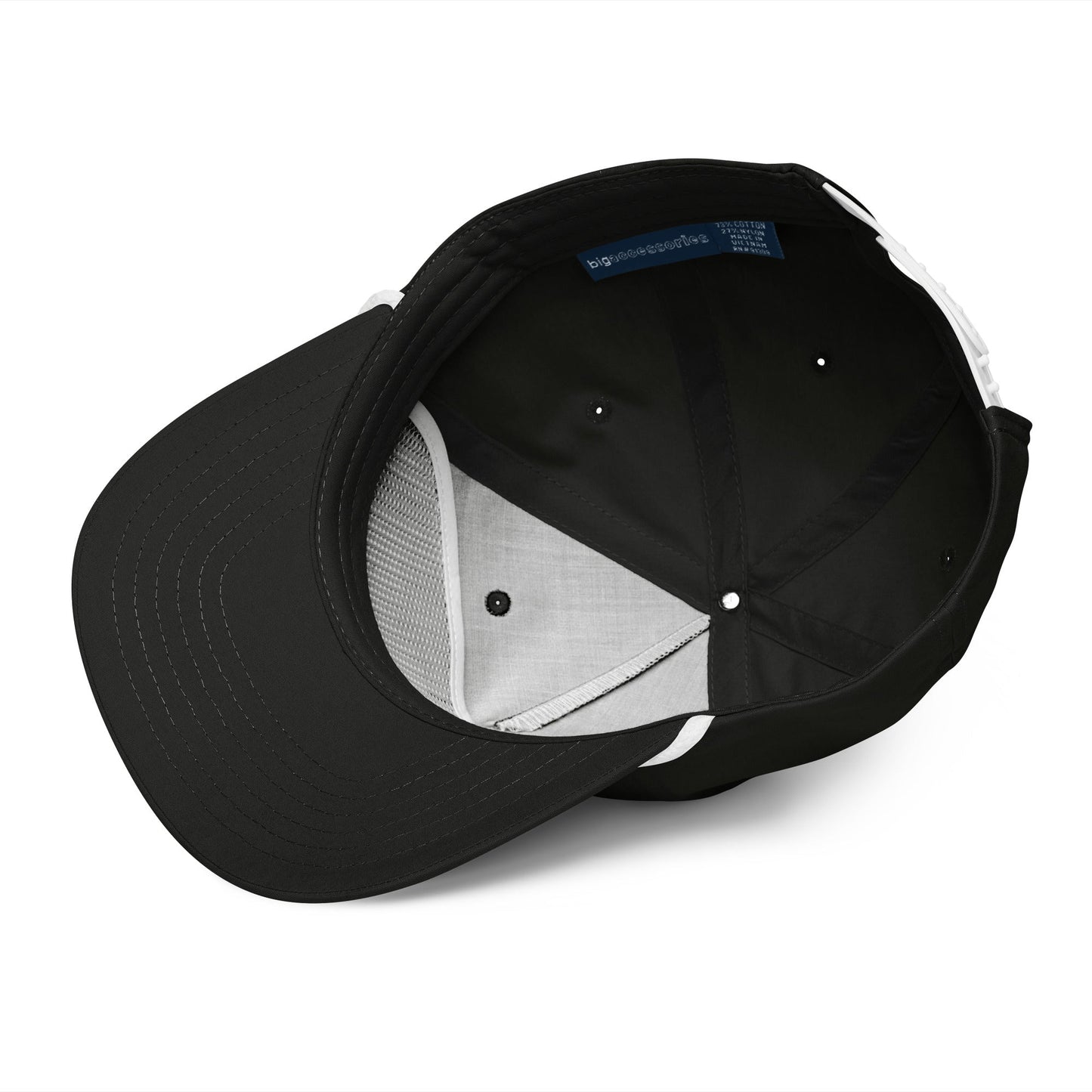 Black & White 5-panel Course Correction Rope Golf Hat with semi-curved bill and snapback closure; crude oil golf hat