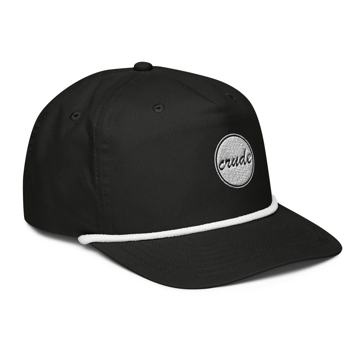 Black & White 5-panel Course Correction Rope Golf Hat with semi-curved bill and snapback closure; crude oil golf hat