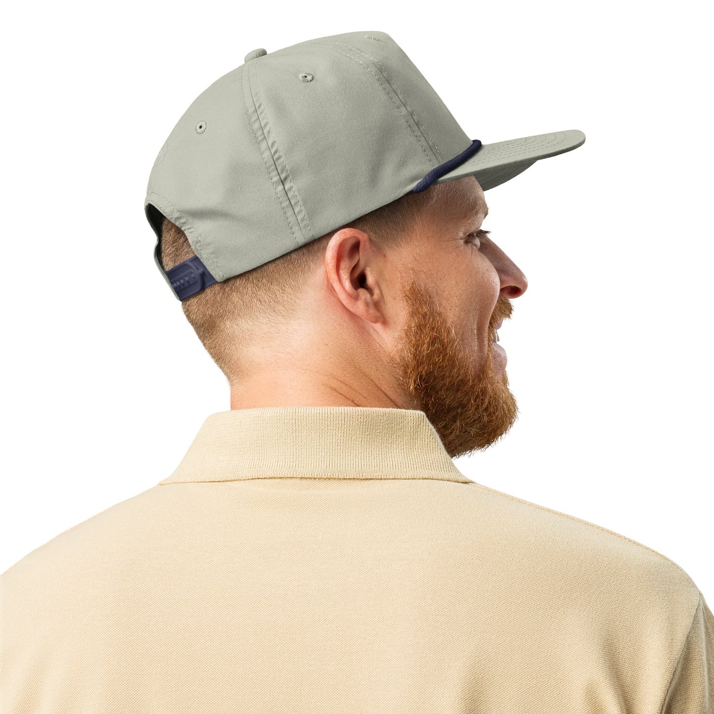 Light Grey & Navy Blue 5-panel Course Correction Rope Golf Hat with semi-curved bill and snapback closure; crude oil golf hat worn by smiling man