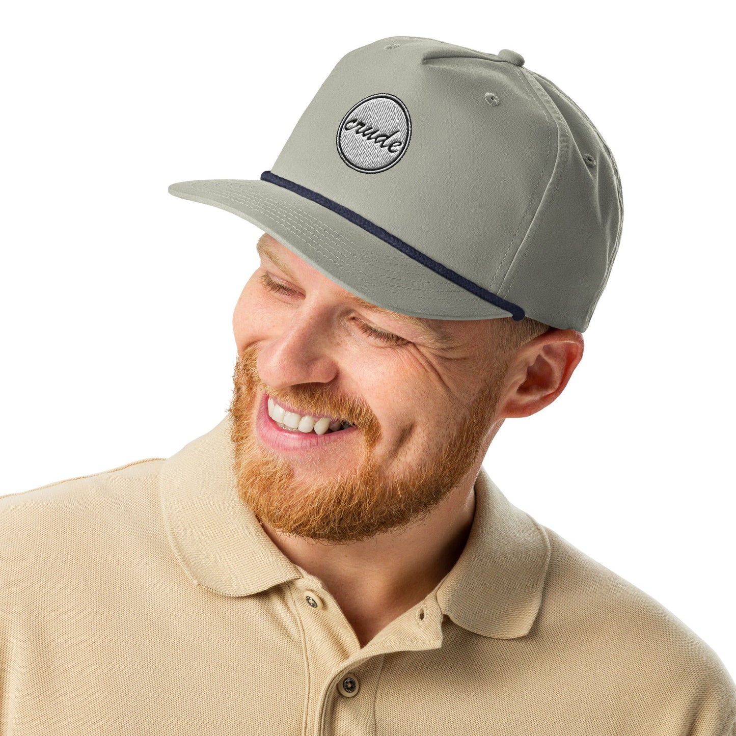Light Grey & Navy Blue 5-panel Course Correction Rope Golf Hat with semi-curved bill and snapback closure; crude oil golf hat worn by smiling man