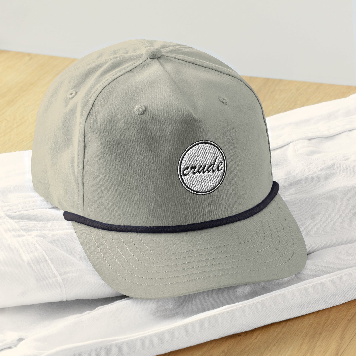 Light Grey & Navy Blue 5-panel Course Correction Rope Cap with semi-curved bill and snapback closure; crude oil golf hat