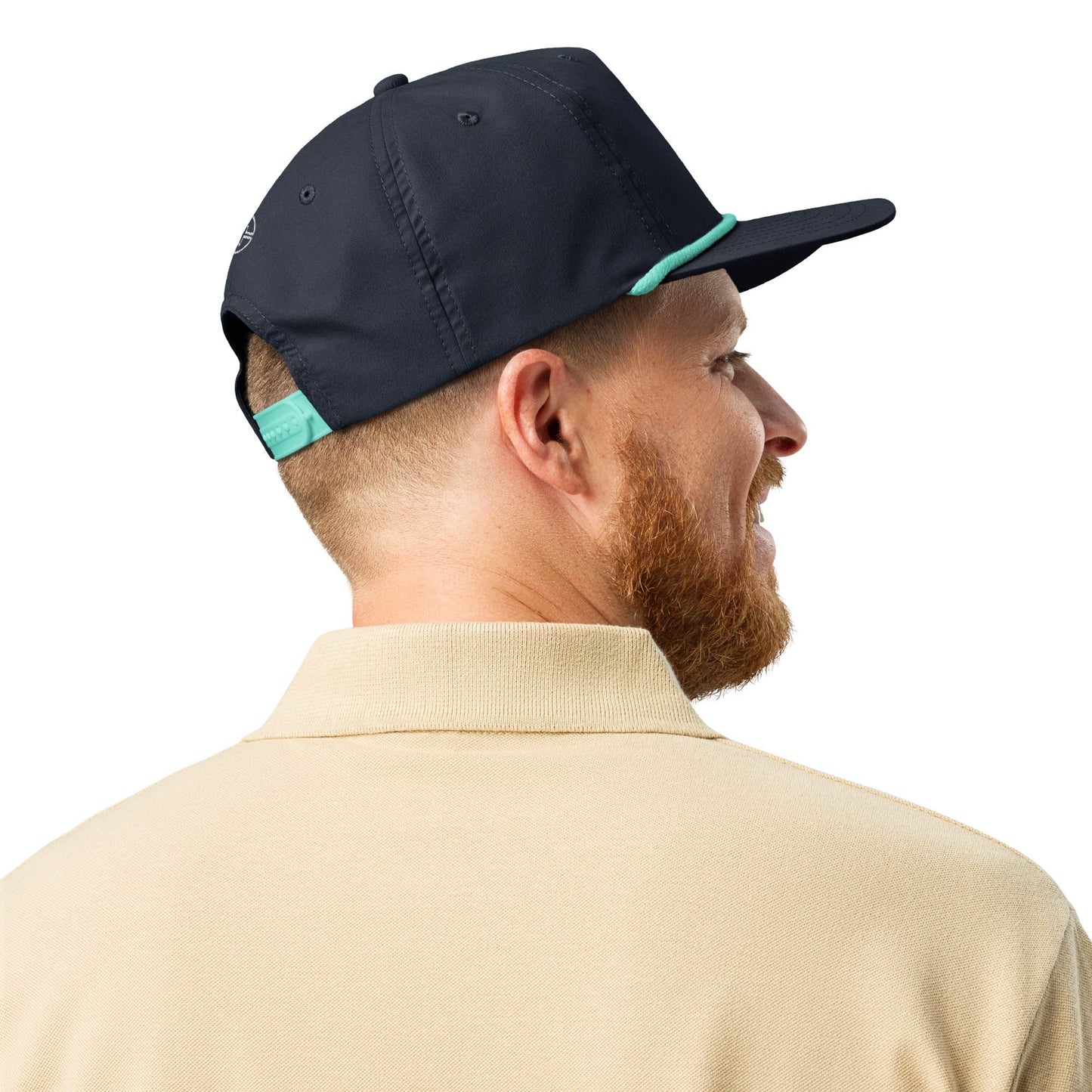 Navy Blue & Teal 5-panel Course Correction Rope Golf Hat with semi-curved bill and snapback closure; crude oil golf hat worn by smiling man